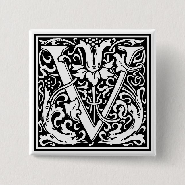 Bóton Quadrado 5.08cm William Morris Alphabet "V" (Frente)