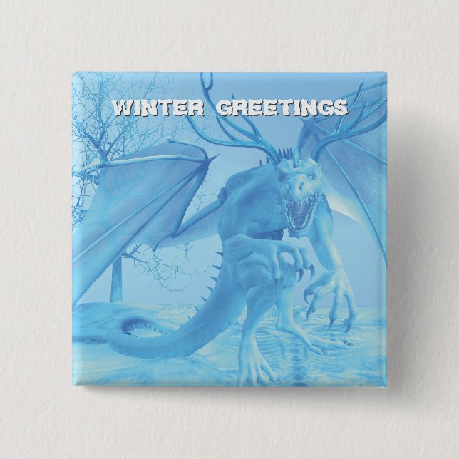 Bóton Quadrado 5.08cm Winter Greetings. Ice dragon with antlers (Frente)