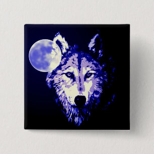 Bóton Quadrado 5.08cm Wolf & Moon Dark Blue Night Collage