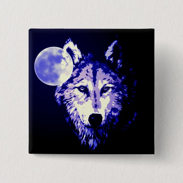 Bóton Quadrado 5.08cm Wolf & Moon Dark Blue Night Collage (Frente)
