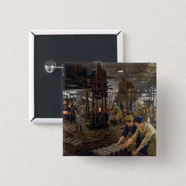 Bóton Quadrado 5.08cm WW1 1918 Mulheres Trabalhando em Munições uma Fábr (Frente & Verso)