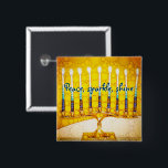 Bóton Quadrado 5.08cm Yellow Gold Hanukkah Menorah Peace Sparkle Shine<br><div class="desc">“Peace, sparkle, shine.” A close-up photo of a bright, colorful, yellow and gold artsy menorah helps you usher in the holiday of Hanukkah in style. Feel the warmth and joy of the holiday season whenever you wear this chic, colorful Hanukkah button. Matching cards, postage, stickers, pillows, housewares, totebags, and other...</div>