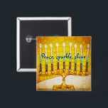Bóton Quadrado 5.08cm Yellow Gold Hanukkah Menorah Peace Sparkle Shine<br><div class="desc">“Peace, sparkle, shine.” A close-up photo of a bright, colorful, yellow and gold artsy menorah helps you usher in the holiday of Hanukkah in style. Feel the warmth and joy of the holiday season whenever you wear this chic, colorful Hanukkah button. Matching cards, postage, stickers, pillows, housewares, totebags, and other...</div>