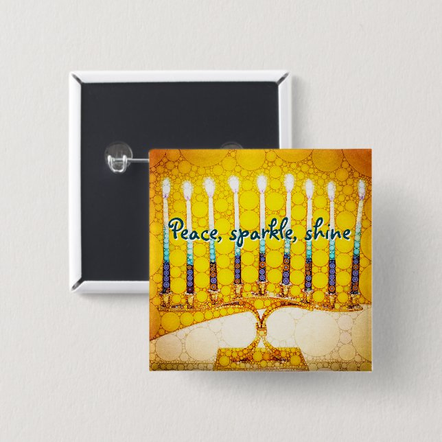 Bóton Quadrado 5.08cm Yellow Gold Hanukkah Menorah Peace Sparkle Shine (Frente & Verso)