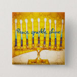 Bóton Quadrado 5.08cm Yellow Gold Hanukkah Menorah Peace Sparkle Shine<br><div class="desc">“Peace, sparkle, shine.” A close-up photo of a bright, colorful, yellow and gold artsy menorah helps you usher in the holiday of Hanukkah in style. Feel the warmth and joy of the holiday season whenever you wear this chic, colorful Hanukkah button. Matching cards, postage, stickers, pillows, housewares, totebags, and other...</div>