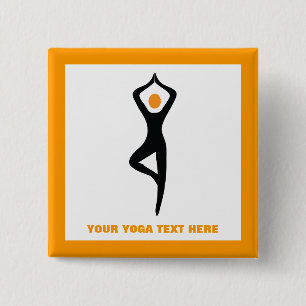 Bóton Quadrado 5.08cm Yoga, árvore, posam preto, costume laranja