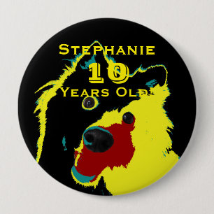 Bóton Redondo 10.16cm 10 Anos, Feliz Botão Amarelo do Cachorro Pinback