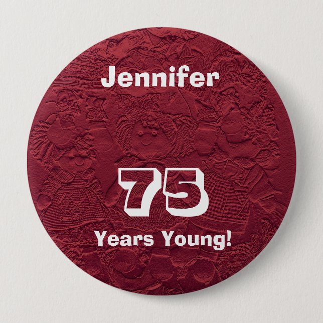 Bóton Redondo 10.16cm 75 anos jovens bonecos vermelhos pino 75 presente  (Frente)