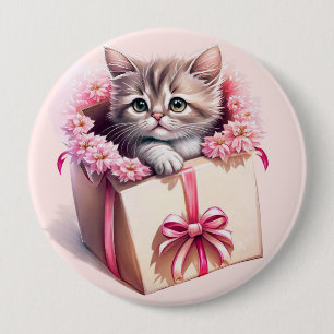 Bóton Redondo 10.16cm Adorável Kitten em uma Caixa Aniversário Presente