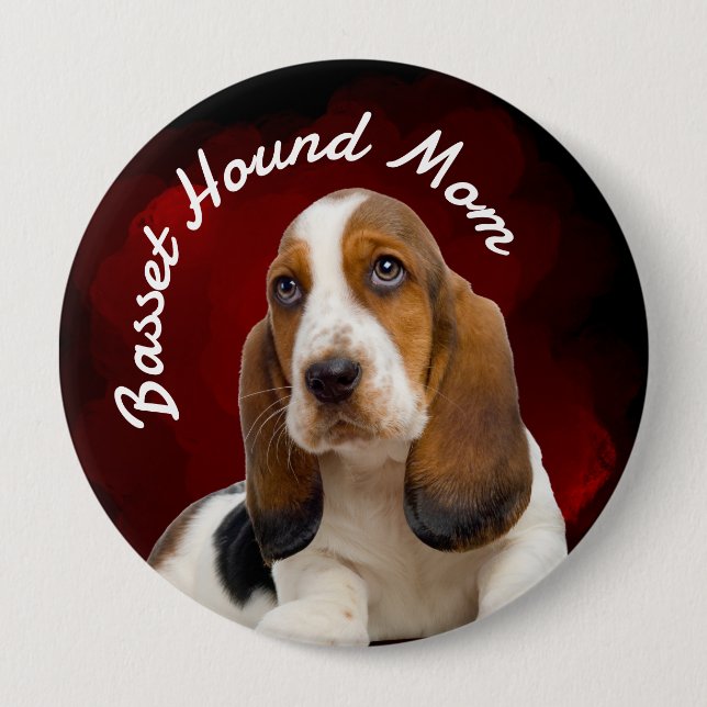 Bóton Redondo 10.16cm Basset Hound Mãe com Botão vermelho de fundo (Frente)