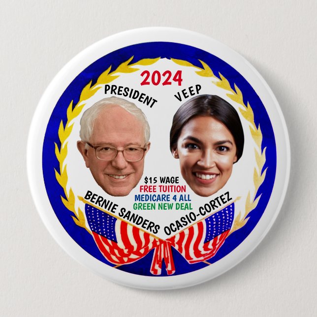 Bóton Redondo 10.16cm Bernie Sanders / AOC 2024 Button (Frente)