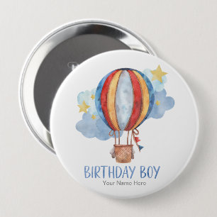 Bóton Redondo 10.16cm Blue Red Hot Air Balloon Stars Happy Birday Boy