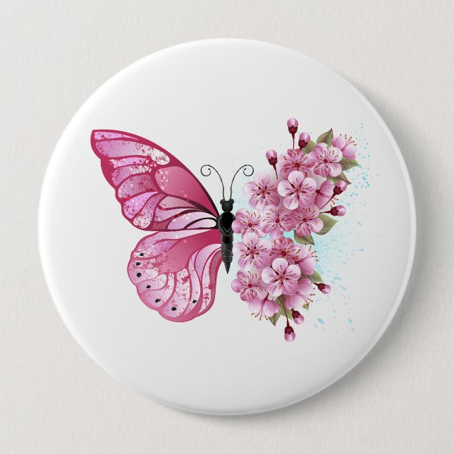 Bóton Redondo 10.16cm Borboleta Flor com Sakura Rosa (Frente)