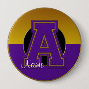 Bóton Redondo 10.16cm Botão Monogrammed da escola, letra A do Roxo-Ouro