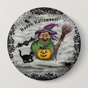 Bóton Redondo 10.16cm Bruxa, Gato, Bat e Pumpkin, Feliz Halloween!