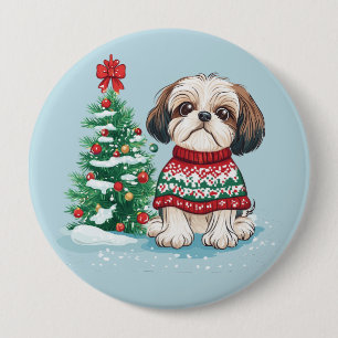 Bóton Redondo 10.16cm Cachorro Ano Novo Chinês Shih Tzu Papai Noel