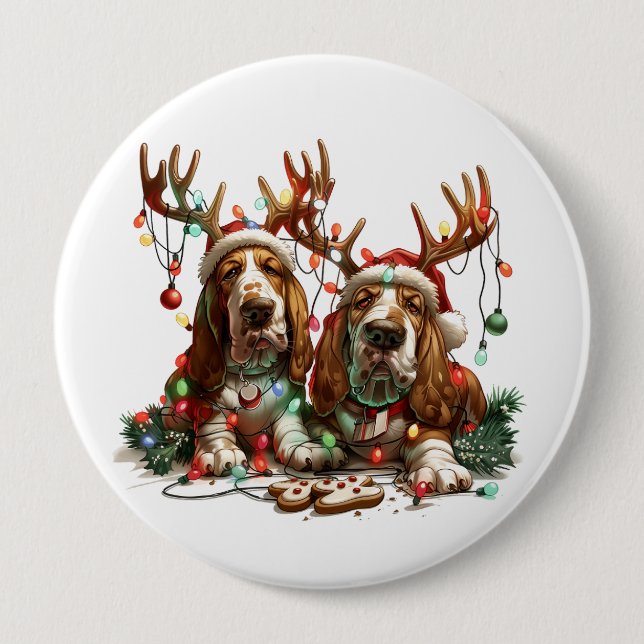 Bóton Redondo 10.16cm Cães Basset Hound de Natal (Frente)