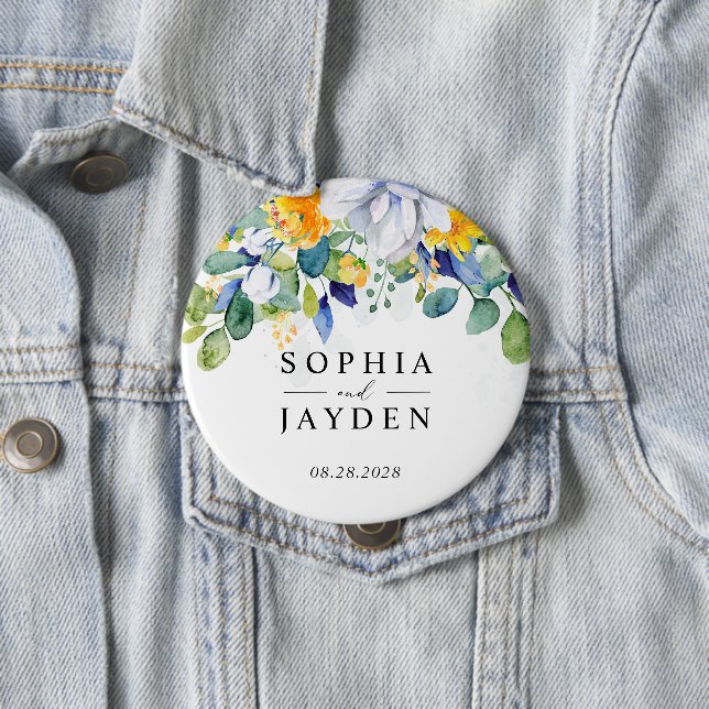 Bóton Redondo 10.16cm Casamento azul-branco floral elegante (In Situ)