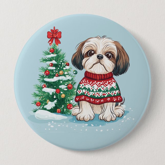 Bóton Redondo 10.16cm Christmas Shih Tzu Santa Dog (Frente)