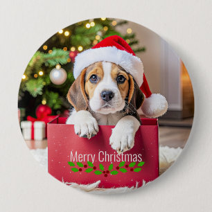 Bóton Redondo 10.16cm Design de Natal de Filhote de Beagle,