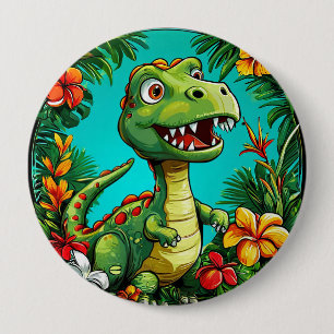 Bóton Redondo 10.16cm Dinossauro Adorável Rodeado por Flores Coloridas