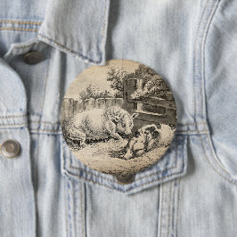 Bóton Redondo 10.16cm Dois porcos deitados com palha numa Caneta ao ar l