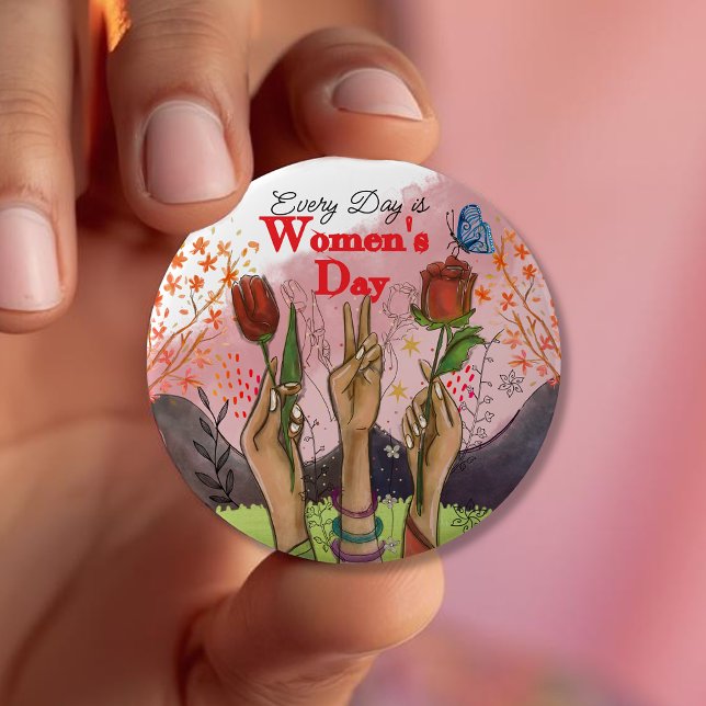 Bóton Redondo 10.16cm Every Day is Women's Day Hand-Painted Floral  (Every Day is Women's Day Hand-Painted Floral Button)