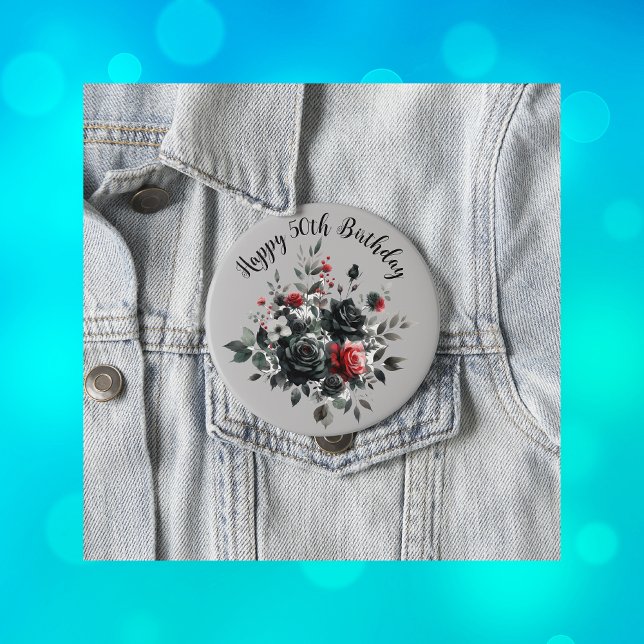 Bóton Redondo 10.16cm Feliz 50º aniversário, Rosas vermelhos e negros | (Criador carregado)