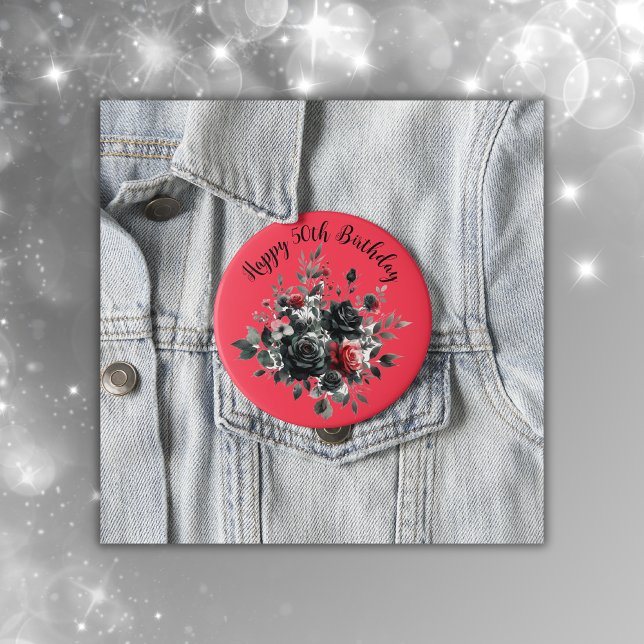 Bóton Redondo 10.16cm Feliz 50º aniversário, Rosas vermelhos e negros | (Criador carregado)