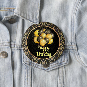 Bóton Redondo 10.16cm Feliz Aniversário, elegante preto e dourado,