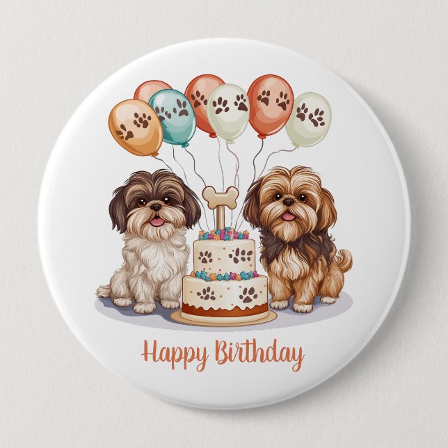 Bóton Redondo 10.16cm Feliz Aniversário Shih Tzu Cães Bolo de Aniversári (Frente)