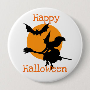 Bóton Redondo 10.16cm Feliz Bruxa Voadora de Halloween e Bat