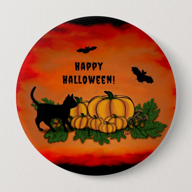 Bóton Redondo 10.16cm Feliz Dia das Bruxas, Gato Negro, Bat e Abóbora (Frente)