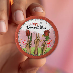 Bóton Redondo 10.16cm Feliz Dia das Mulheres Botão Vermelho Mãos seguran