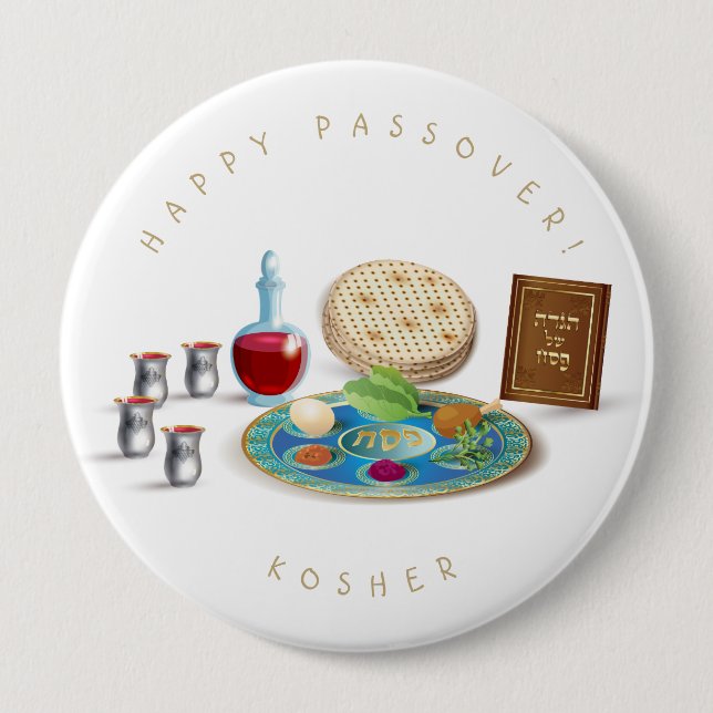 Bóton Redondo 10.16cm Feliz Passover Plate Kosher Pesach (Frente)