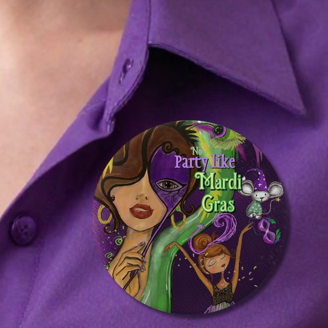 Bóton Redondo 10.16cm Festive Mardi Gras Carnival Badge | Purple Green (Festive Mardi Gras Carnival Badge  Purple Green Button)