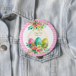 Bóton Redondo 10.16cm Floral Easter Eggs & Watercolor Pink Roses