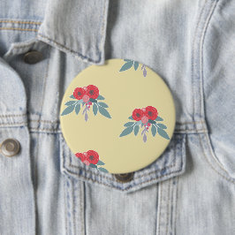 Bóton Redondo 10.16cm Flores vermelhas e folhas verdes em castanho