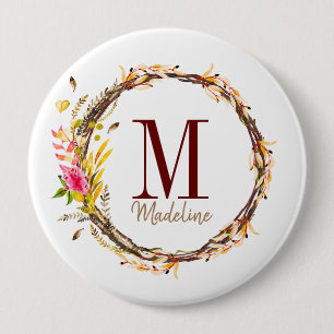 Bóton Redondo 10.16cm Folhagem de Queda de Monograma Floral Personalizá