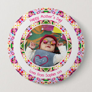 Bóton Redondo 10.16cm Foto personalizada, cor-de-rosa feliz Dia das Mães