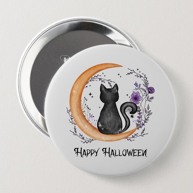Bóton Redondo 10.16cm Gato Negro e Lua Crescente para Feliz Halloween (Frente & Verso)