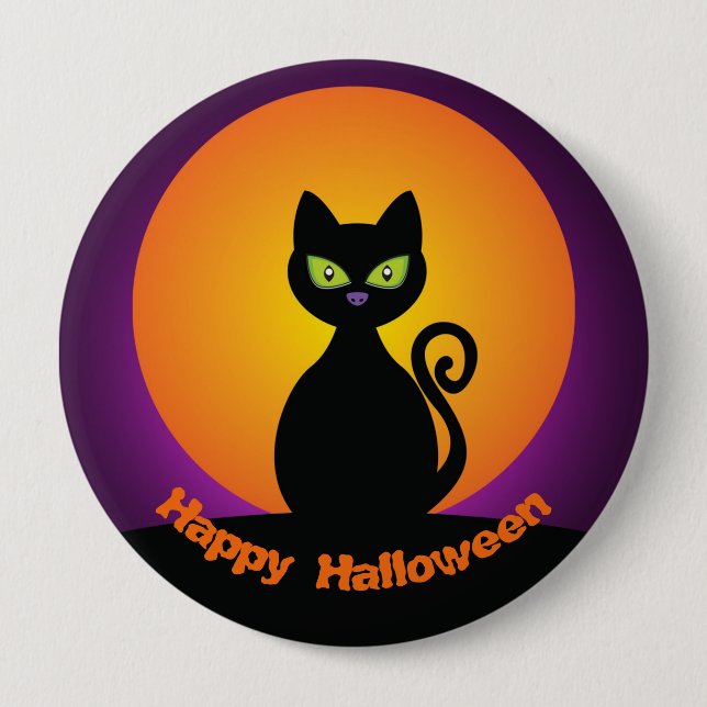 Bóton Redondo 10.16cm Gato Negro e Lua Laranja (Frente)