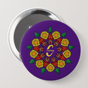 Bóton Redondo 10.16cm Girassóis e Cogumelos Personalizados Mandala Roxo
