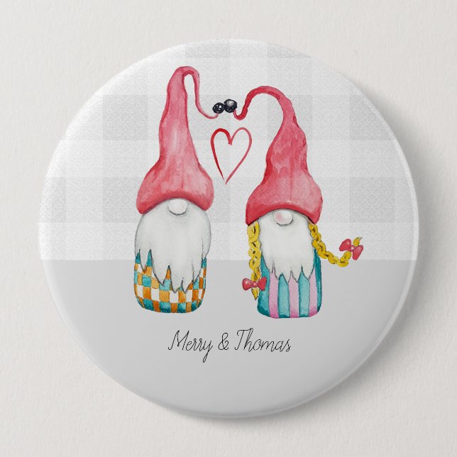Bóton Redondo 10.16cm Gnomo de Natal no Amor Cintado Pintado à Mão (Frente)