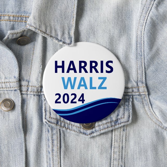 Bóton Redondo 10.16cm Harris Walz 2024 para Presidente Blue Wave Button (In Situ)