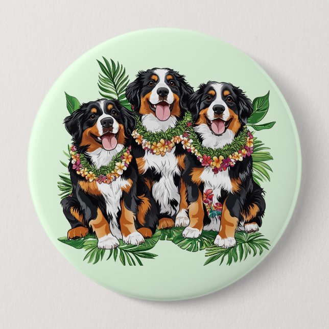 Bóton Redondo 10.16cm Hawaiian Bernese Mountain Dogs Flower Lei (Frente)