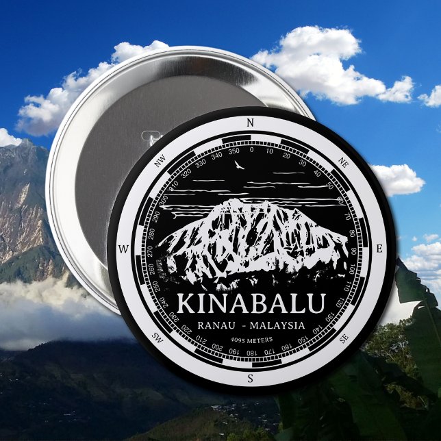 Bóton Redondo 10.16cm Ilustração do Monte Kinabalu - Ranau Malásia Sabah (Mount Kinabalu Malaysia Button in Back with a white compass and mountain illustration)