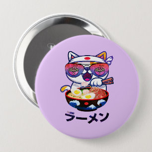 Bóton Redondo 10.16cm Kawaii Cat Eating Ramen - Bonitos Noodles Japonese