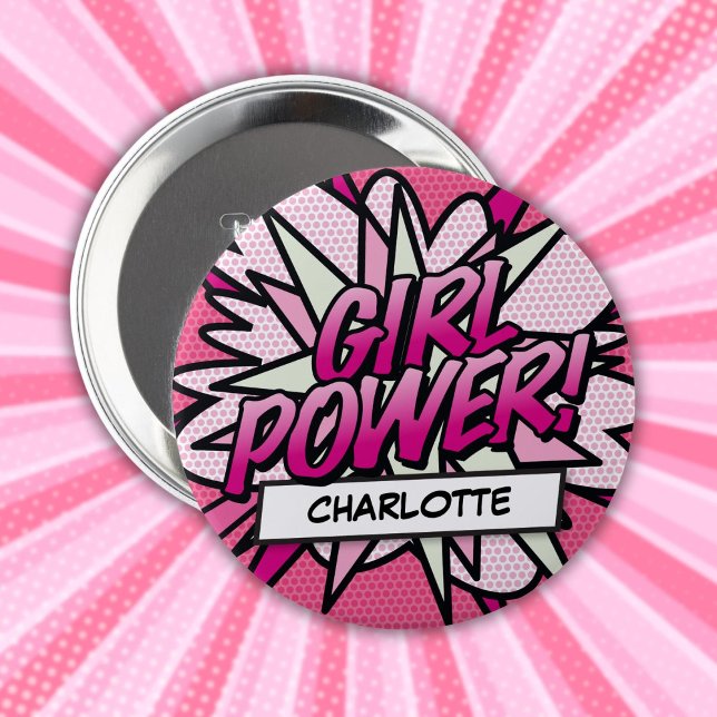Bóton Redondo 10.16cm Livro de Quadrinhos Rosa GIRL POWER Personalizado (Personalized GIRL POWER Comic Book Pink Button)