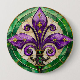 Bóton Redondo 10.16cm Mardi Gras StainGlass Fleur de lis